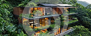 Experience a sustainable ecohome in tropical forest with solar panels and stunning views AIG59 photo