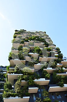 Modern and ecologic skyscrapers with many trees on every balcony. Bosco Verticale, Milan, Italy photo
