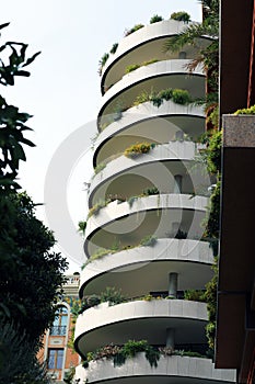 Modern Ecologic Skyscrapers With Much Green Plants On Every Balcony