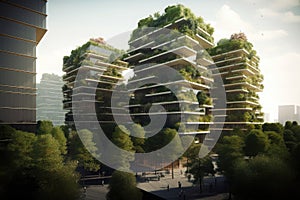 Modern ecological buildings in the park, green urbanism. Generative ai