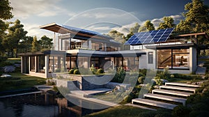 Modern ecological house with solar panels.