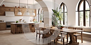 Modern ?editerranean interior design of kitchen with arched ceiling and windows, wooden dining table