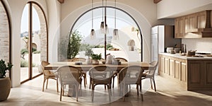 Modern ?editerranean interior design of kitchen with arched ceiling and windows, wooden dining table