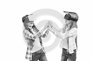 Modern education. Alternative education technologies. Virtual education. Kids wear hmd explore virtual or augmented