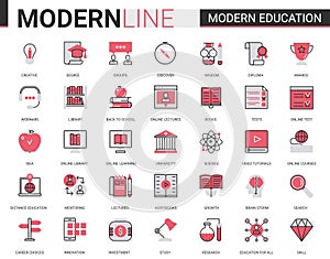 Modern education red black flat line icons vector illustration set with linear educational technology symbols for mobile
