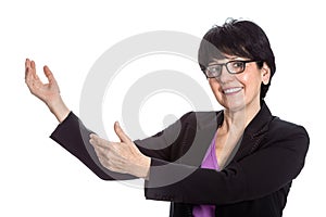 Modern elderly woman showing data