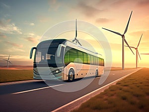 Modern electric bus on the track overlooking the electric wind farms. The concept of environmental protection.