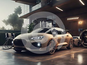 A modern electric car charging in garage of luxury house. Electric vehicles, sustainable concept. AI generative image.