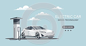 Modern electric car at a charging station. Green technology. Illustration, banner.