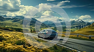 A modern electric car drives along the road against the backdrop of a wind