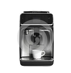 Modern electric coffee machine with cup isolated on white
