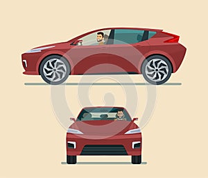 Modern electric CUV car two angle set. Car with driver man side view and front view. Vector flat style illustration