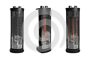 Modern electric heaters on white background, collage photo