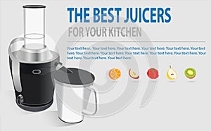 Modern electric juicer, various fruit and glass of freshly made juice, healthy lifestyle concept. Fresh start, losing weight.