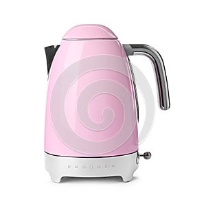 Modern electric kettle with base isolated on white