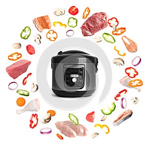 Modern electric multi cooker on white