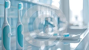 Modern electric toothbrushes on bathroom counter. Focus on dental hygiene. Clean and fresh design in healthcare photo