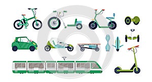 Modern electric urban transport: bicycle, gyro scooter, scooter, bicycle, electric car, tram