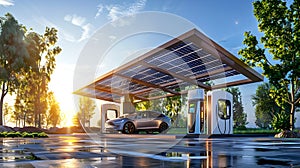 Modern electric vehicle charging at an eco-friendly solar power station. Sustainable transportation concept. Clean