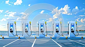 Modern Electric Vehicle Charging Stations Against Blue Sky, Clean Energy Concept, Eco-friendly Transport Solutions. AI