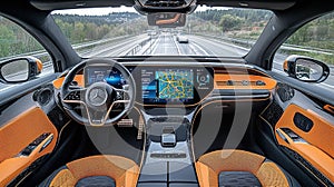 Modern electric vehicle interior, showcasing a sleek dashboard with a large touchscreen display and orange accents