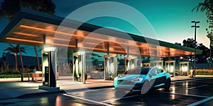 A modern electric vehicle is seamlessly connected to a robust charging infrastructure, symbolizing the shift towards