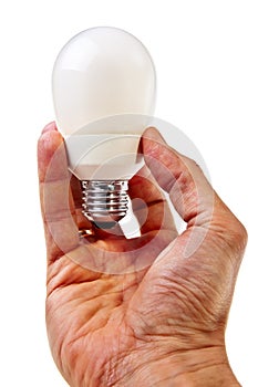 Modern electricity saving lightbulb hold by male h