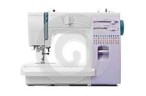 Modern electromechanical sewing machine, isolated on white background. Front view. File contains a path to isolation