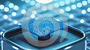 Modern electronic computer chip with circuit board details in blue showcasing advanced technology concept