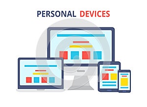 Modern electronic devices.Flat style illustration of laptop, pc, tablet and phone.