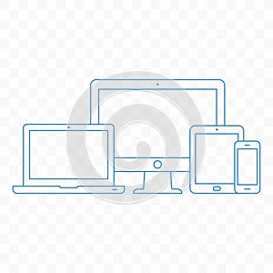 Modern electronic devices. Line style illustration of pc, laptop, tablet and mobile phone.