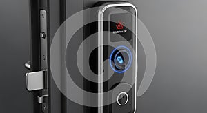 Modern electronic door lock with a digital interface. The lock features a biometri