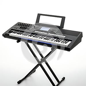 A modern electronic keyboard with a stand and various control knobs and buttons