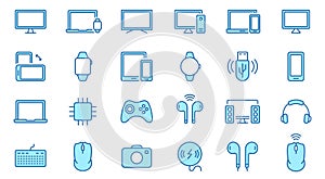 Modern Electronic Wireless Equipment Color Line Icon Set. PC, Computer, Monitor, Smartphone, Camera, Keyboard, Headphone