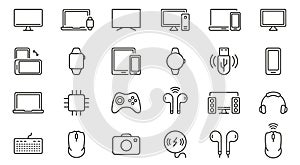 Modern Electronic Wireless Equipment Line Icon Set. PC, Computer, Monitor, Smartphone, Camera, Keyboard, Headphone