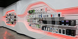Modern electronics store wall with glowing red lines and smartphone displays