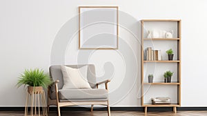 Modern Elegance Bookcase Mockup With Cozy Armchair And Natural Wood Frame