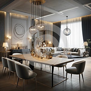 Modern elegance: chic living and dining space with artistic touches