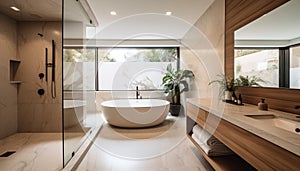 Modern elegance in a clean, bright domestic bathroom with marble flooring generated by AI