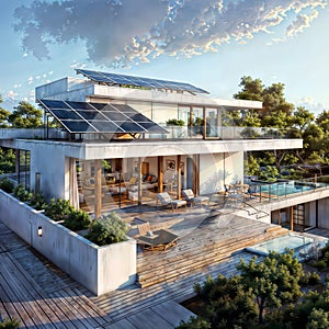 Modern Elegance: Home with Solar Panels, generative ai
