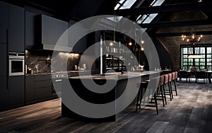 Modern Elegance Large Dark Kitchen Interior Design. Generative AI