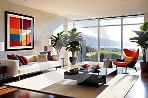 Modern Elegance: Wide-Angle View of a Spacious Living Room with Expansive Windows