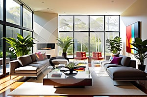 Modern Elegance: Wide-Angle View of a Spacious Living Room with Expansive Windows
