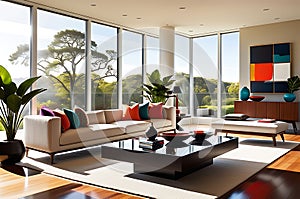 Modern Elegance: Wide-Angle View of a Spacious Living Room with Expansive Windows