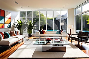 Modern Elegance: Wide-Angle View of a Spacious Living Room with Expansive Windows