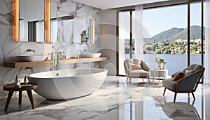 Modern, elegant apartment with bright, clean bathroom and beautiful view generated by AI