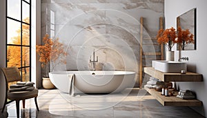 Modern, elegant bathroom with clean, bright design and luxurious bathtub generated by AI