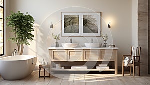 Modern, elegant bathroom design with clean, bright marble flooring generated by AI