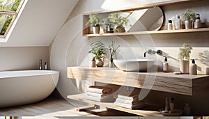 Modern, elegant bathroom design with clean, comfortable, luxurious wood flooring generated by AI