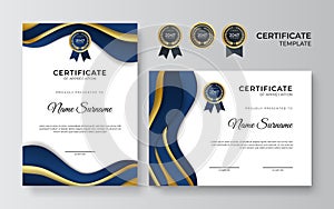 Modern elegant blue and gold certificate of achievement border template with luxury badge and modern line pattern. For diploma